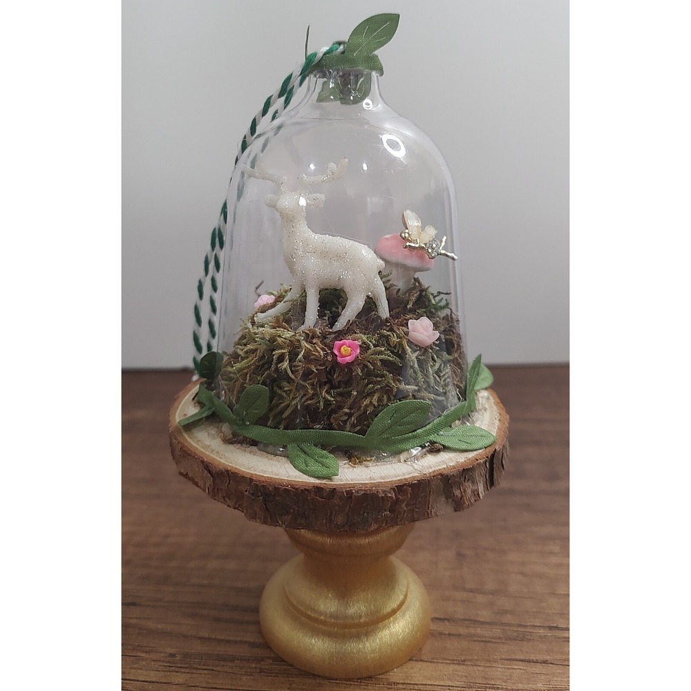 Fairy Garden Christmas Ornament Handmade Dome Cloche Diorama Deer Mushroom O2